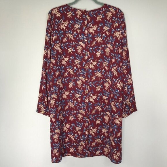 Madewell Burgundy Red Antique Floral Long Sleeve V-Neck Button-Back Shift Dress - Picture 10 of 16
